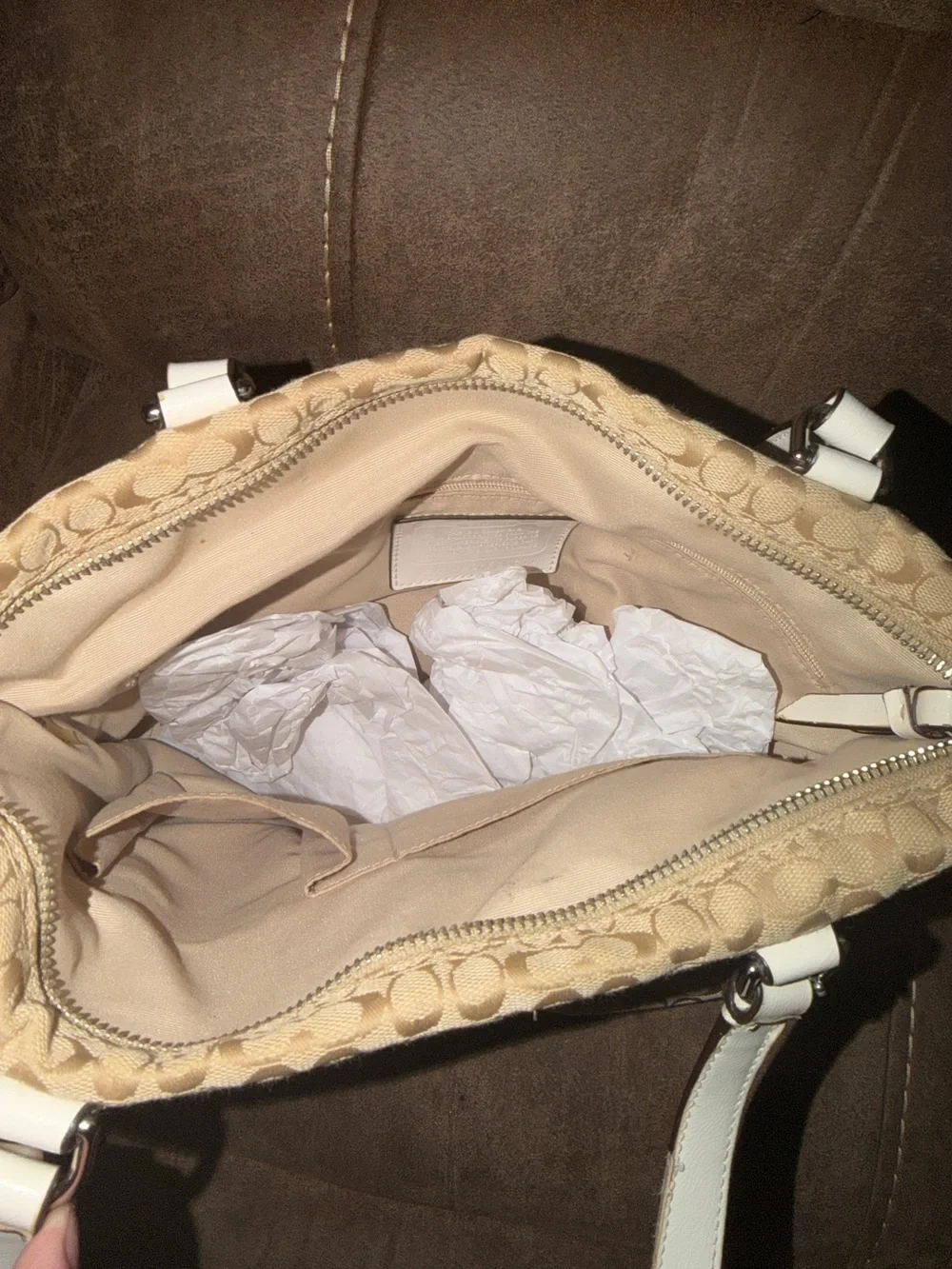 Coach Beige Signature Tote with White Leather Trim